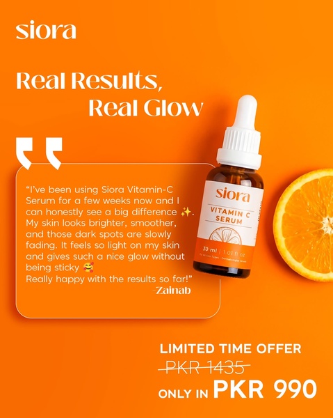 A testimonial-based ad for a Vitamin C serum featuring a direct user quote, clean product imagery, and a clear limited-time price offer.